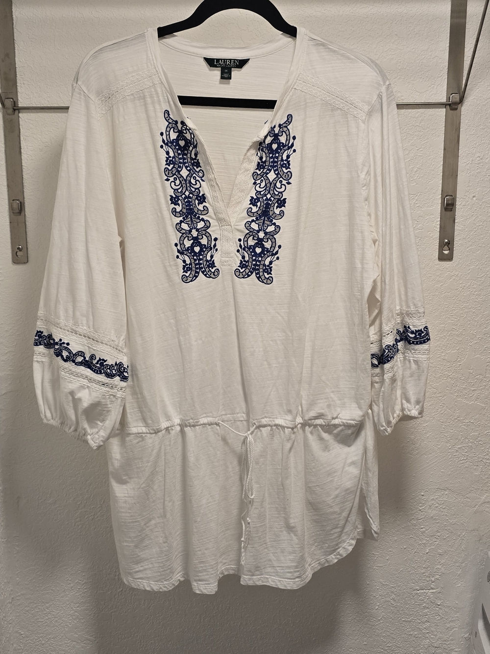 Lauren Ralph Lauren White Peasant Tunic with Navy Embroidery